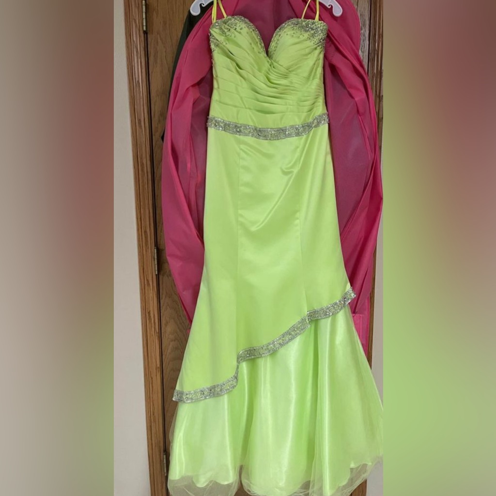 Spaghetti Strap Lime Green Prom Dress Bedazzled